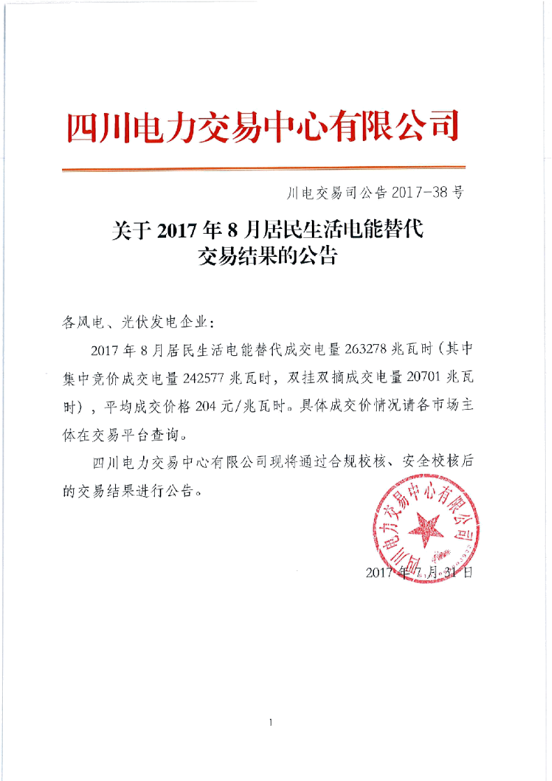 橙電網(wǎng)售電網(wǎng)小編獲悉，四川電力交易中心發(fā)布了關(guān)于2017年8月居民生活電能替代交易結(jié)果的公告。2017年8月居民生活電能替代成交電量263278兆瓦時(shí)（其中集中競(jìng)價(jià)成交電量242577兆瓦時(shí)，雙掛雙摘成交電量20701兆瓦時(shí)），平均成交價(jià)格204元/兆瓦時(shí)