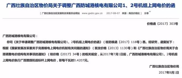 中廣核電力(01816)公布，近日，公司附屬廣西防城港核電有限公司收到《廣西壯族自治區(qū)物價(jià)局關(guān)于調(diào)整廣西防城港核電有限公司1、2號(hào)機(jī)組上網(wǎng)電價(jià)的函》(桂價(jià)格函[2017]303號(hào))。根據(jù)上述文件，公司所屬的防城港1、2號(hào)機(jī)組上網(wǎng)電價(jià)由人民幣0.414元u千瓦時(shí)(含稅)調(diào)整為人民幣0.4207元u千瓦時(shí)(含稅)，上述電價(jià)調(diào)整自2017年7月1日起執(zhí)行