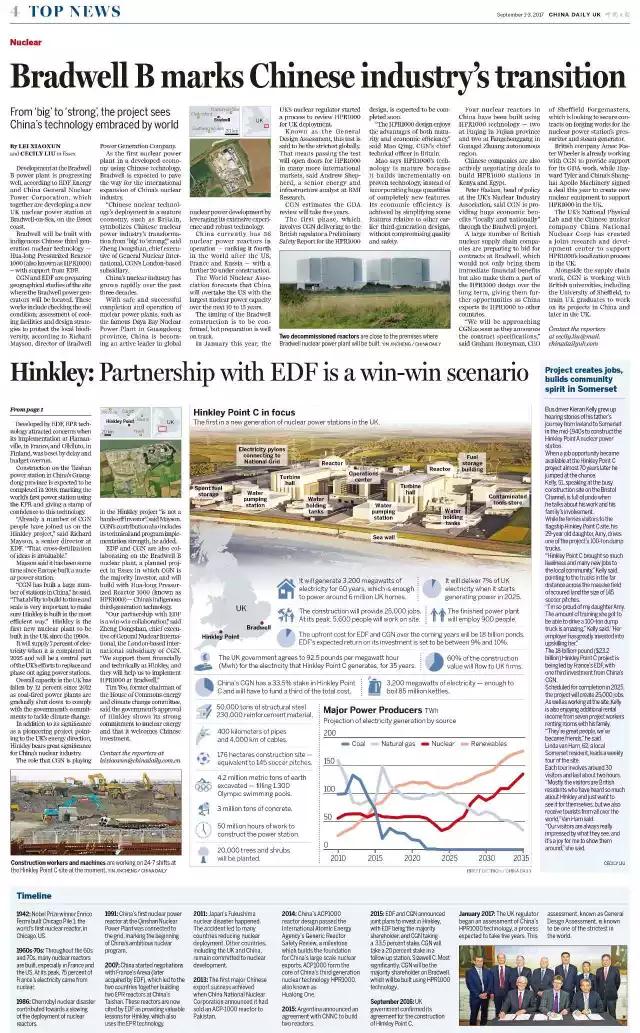 隨著我國(guó)核電“走出去”步伐的不斷邁進(jìn)，眾多主流媒體對(duì)中廣核海外項(xiàng)目也更加關(guān)注。近期，中國(guó)駐英的主流媒體到訪了中廣核投資興建的欣克利角C項(xiàng)目和布拉德韋爾B項(xiàng)目，中國(guó)日?qǐng)?bào)日前刊發(fā)了《英國(guó)欣克利角核電項(xiàng)目持續(xù)推進(jìn)》、《英國(guó)布拉德韋爾B核電項(xiàng)目標(biāo)志著中國(guó)核工業(yè)跨越》等多篇重磅報(bào)道