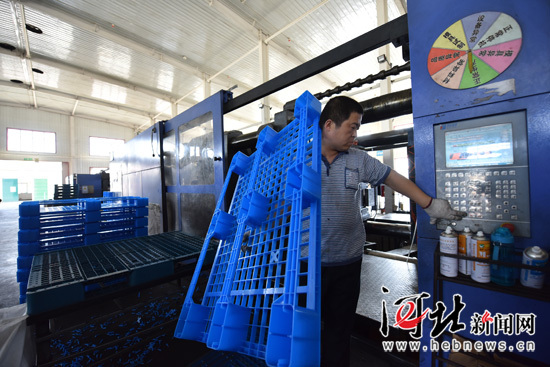 
            	文安經(jīng)濟(jì)開(kāi)發(fā)區(qū)智能電網(wǎng)產(chǎn)業(yè)園河北伯爵塑料制品有限公司工作人員取出塑料托盤(pán)。 王暉攝9月4日，廊坊文安經(jīng)濟(jì)開(kāi)發(fā)區(qū)智能電網(wǎng)產(chǎn)業(yè)園國(guó)電遠(yuǎn)鵬能源科技股份有限公司項(xiàng)目施工現(xiàn)場(chǎng)一片忙碌