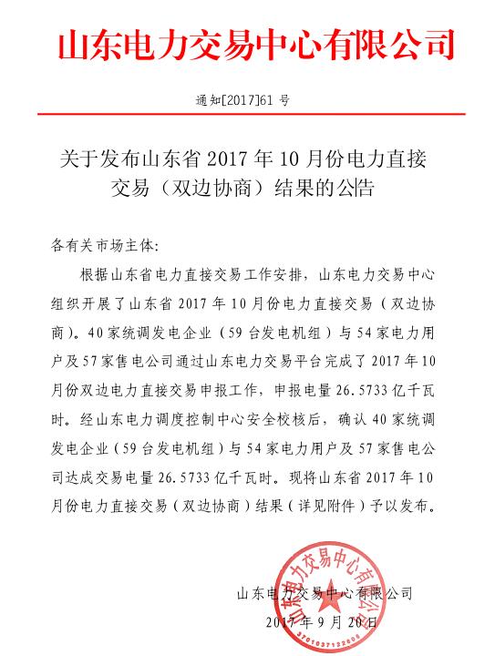 橙電網(wǎng)售電網(wǎng)獲悉，今日，山東電力交易中心公布2017年年10月份電力直接交易（雙邊協(xié)商）結(jié)果。此次交易中，40家統(tǒng)調(diào)發(fā)電企業(yè)（59臺發(fā)電機組）與54家電力用戶及57家售電公司通過山東電力交易平臺完成了2017年10月份雙邊電力直接交易申報工作，申報電量26.5733億千瓦時