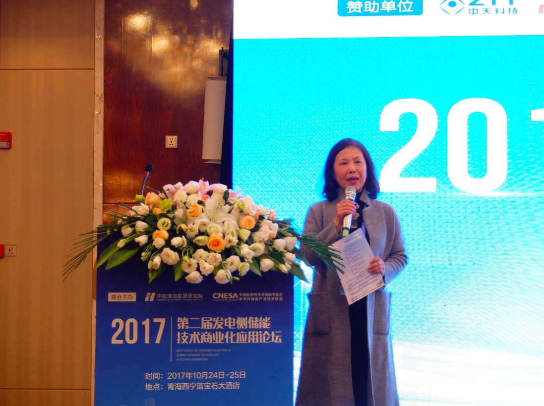 10月24-25日，2017發(fā)電側(cè)儲(chǔ)能技術(shù)商業(yè)化應(yīng)用論壇在青海西寧舉行。國(guó)網(wǎng)能源研究院副院長(zhǎng)蔣莉萍主持開幕式