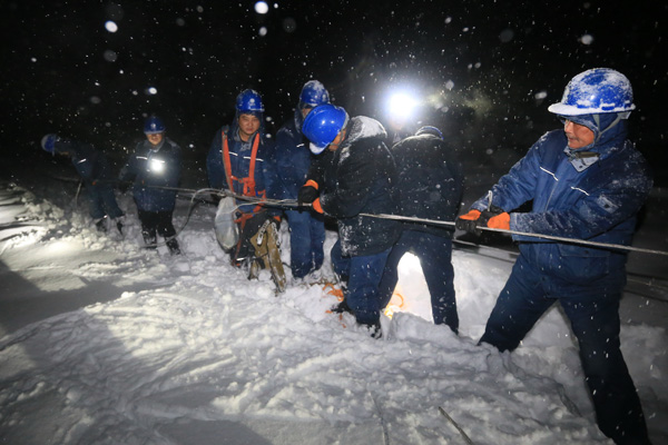
　　1月4日晚間，安徽鳳陽縣供電公司搶修人員冒雪搶修受損電力設(shè)施

　　1月3日以來，安徽省江北普降大到暴雪，部分地區(qū)大暴雪。受竹木倒伏等影響，全省544條10千伏線路、1.29萬個(gè)臺(tái)區(qū)，累計(jì)98.72萬用戶停電