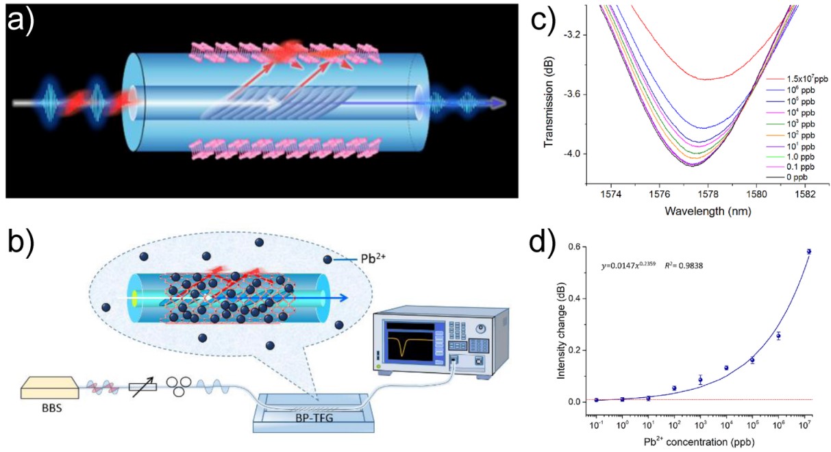 　　近日，中國(guó)科學(xué)院廣東深圳先進(jìn)技術(shù)研究院研究員呂建成、喻學(xué)鋒與英國(guó)班戈大學(xué)教授陳險(xiǎn)峰等合作，成功研制出首個(gè)基于黑磷的光纖化學(xué)傳感器，實(shí)現(xiàn)對(duì)重金屬離子的超靈敏檢測(cè)。  　　圖.a)：黑磷傾斜光纖光柵器件及其光學(xué)調(diào)制示意圖，b)：重金屬離子檢測(cè)的實(shí)驗(yàn)步驟，c)：不同重金屬離子濃度下TM模式共振的光譜圖，d)：不同重金屬離子濃度下光譜的共振強(qiáng)度圖 　　傾斜光纖光柵是一種新型的光纖器件，大角度傾斜光柵結(jié)構(gòu)能夠?qū)⒗w芯光學(xué)基模前向耦合到光纖包層，在特定的波長(zhǎng)形成一系列離散的諧振峰，光的