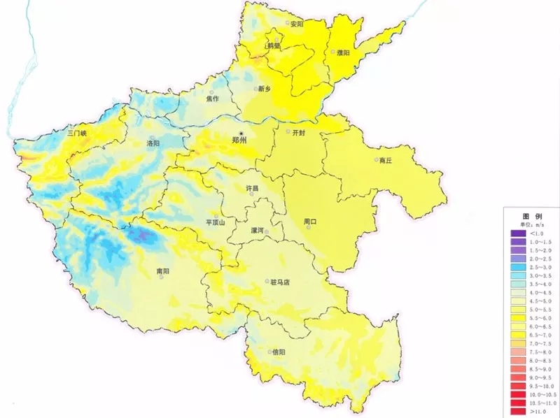  　　河南省風(fēng)能資源豐富區(qū)主要分布在：豫北太行山東部(安陽、鶴壁和新鄉(xiāng))的山地和山前丘陵高地;豫西三門峽、洛陽境內(nèi)的崤山山脈和黃河南岸的山體;鄭州、平頂山、南陽、駐馬店一帶山區(qū)與平原過渡地帶的山體和丘陵高地;大別山區(qū)和桐柏山的局部山區(qū);豫西伏牛山、熊耳山和外方山的局部山地;太行山南部(濟(jì)源、焦作)局部山體。其中，河南省中部山區(qū)向平原過渡區(qū)的低山丘陵(海拔為200——700m)，是風(fēng)能資源開發(fā)價值最好的區(qū)域