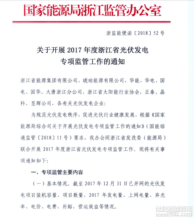 各設(shè)區(qū)市發(fā)展改革委，國(guó)網(wǎng)江蘇省電力有限公司，各發(fā)電集團(tuán)江蘇分（子）公司、國(guó)信集團(tuán)、協(xié)鑫集團(tuán)，有關(guān)光伏發(fā)電企業(yè)： 

為規(guī)范光伏發(fā)電秩序，促進(jìn)光伏行業(yè)健康發(fā)展，國(guó)家能源局決定開(kāi)展2017年度光伏發(fā)電專(zhuān)項(xiàng)監(jiān)管工作。根據(jù)《國(guó)家能源局綜合司關(guān)于開(kāi)展光伏發(fā)電專(zhuān)項(xiàng)監(jiān)管工作的通知》（國(guó)能綜通監(jiān)管〔2018〕11號(hào)），結(jié)合實(shí)際，現(xiàn)將江蘇光伏發(fā)電專(zhuān)項(xiàng)監(jiān)管工作有關(guān)事項(xiàng)通知如下： 

一、專(zhuān)項(xiàng)監(jiān)管主要內(nèi)容 

1、基本情況