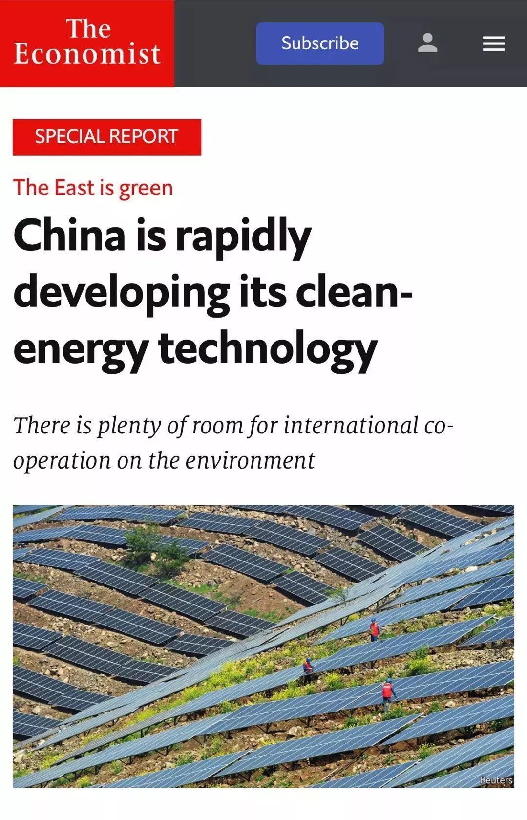                        【無所不能 文丨蠶豆】“未來中國在環(huán)保與新能源領(lǐng)域，有著廣泛的全球合作前景……世界低估了中國企業(yè)家們對加速清潔技術(shù)進(jìn)步的熱情與投入程度，這其實是主導(dǎo)未來全球綠色產(chǎn)業(yè)的核心力量?！敝?jīng)媒體《經(jīng)濟學(xué)人》資深記者在親身體驗過中國新能源產(chǎn)業(yè)后，在《中國清潔能源科技創(chuàng)新正加速》一文中如此寫到