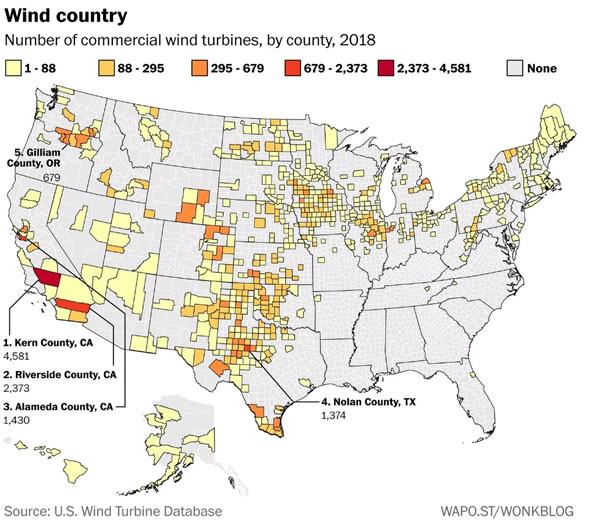                                         
	　　加利福尼亞州克恩縣是貝克斯菲爾德市的所在地，它自稱是“西部風(fēng)力之都”。但華盛頓郵報(bào)對(duì)美國(guó)地質(zhì)調(diào)查數(shù)據(jù)庫(kù)中超過(guò)57,000個(gè)商業(yè)風(fēng)力渦輪機(jī)的大量新分析表明，該縣的自稱過(guò)于謙虛：這實(shí)際上是整個(gè)國(guó)家的風(fēng)力之都