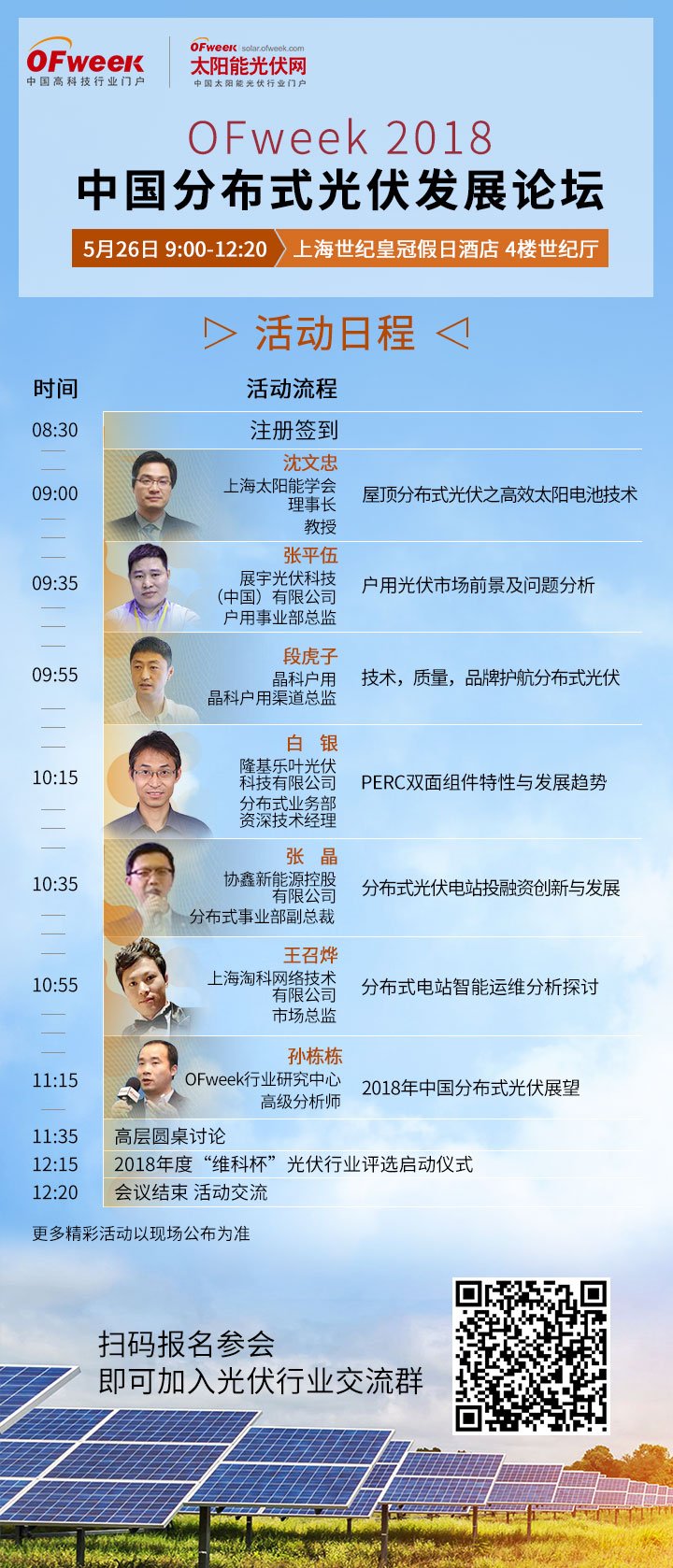 5月26日上午9：00，由OFweek中國高科技行業(yè)門戶主辦、OFweek太陽能光伏網承辦的“OFweek 2018中國分布式光伏發(fā)展論壇”將于上海世紀皇冠假日酒店4樓世紀廳隆重舉行。本屆會議將以分布式光伏的發(fā)展為重點，搭建一個產學研交流平臺，聚集上下游產業(yè)鏈供應商、制造商、開發(fā)商、投融資機構等業(yè)內大咖，共同探討分布式光伏產業(yè)發(fā)展、市場現(xiàn)狀、未來技術趨勢和投融資機遇，重點討論在復蘇大潮下光伏技術及應用市場的開拓策略