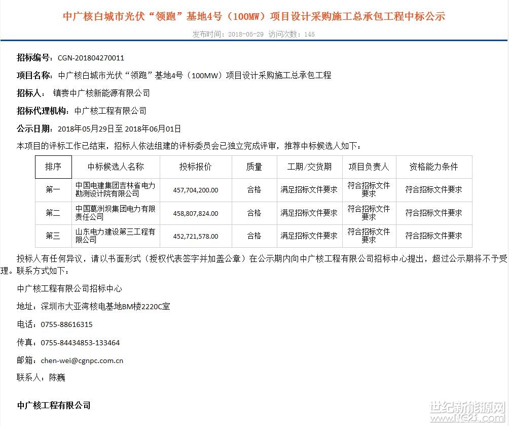 5月29日，中廣核公布：吉林白城4、5號地塊，內(nèi)蒙古達(dá)拉特旗3個領(lǐng)跑者基地的EPC總包服務(wù)中標(biāo)結(jié)果。
白城4號地塊EPC第一中標(biāo)人單價約：4.57元/W
白城5號地塊EPC第一中標(biāo)人單價約：4.82元/W
內(nèi)蒙古達(dá)拉特旗地塊EPC第一中標(biāo)人單價約：5.18元/W
據(jù)此前領(lǐng)跑者中標(biāo)信息顯示，中廣核3個基地建設(shè)規(guī)模分別為100MW，合計300MW
