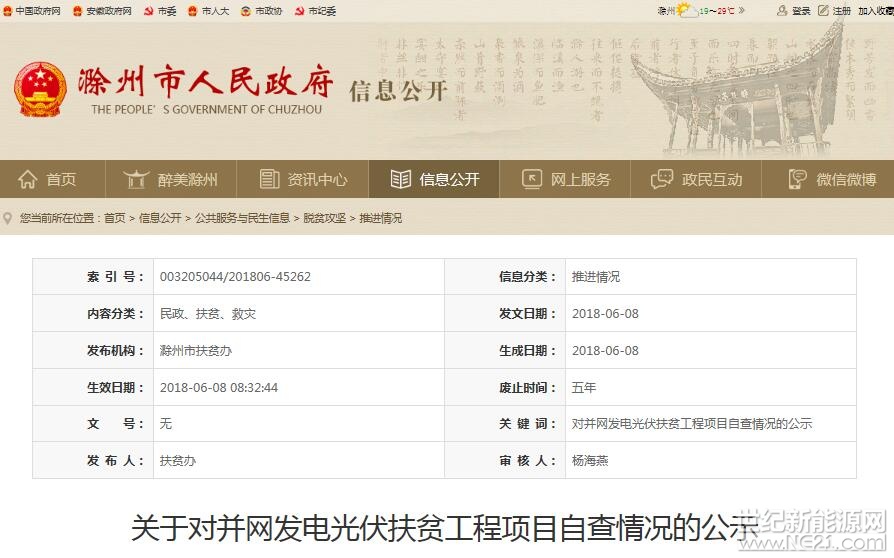 剛剛，滁州市人民政府公開發(fā)布了滁州市光伏扶貧項目核查報告。

原文件如下：



省扶貧辦、省能源局、省財政廳：

根據(jù)《安徽省扶貧辦 安徽省能源局 安徽省財政廳關于對納入國家補助目錄光伏扶貧項目有關情況核查的通知》，現(xiàn)將我市核查工作開展情況報告如下：

一、核查工作開展情況

(一)成立組織機構(gòu)及安排部署情況

按照省統(tǒng)一部署，制定《關于對納入國家補助目錄光伏扶貧工程項目有關情況進行核查的通知》(滁扶貧辦電〔2018〕12號)，明確市扶貧辦、市能源局、市財政廳等相關單位，成立滁州市光伏扶貧項目核查工作小