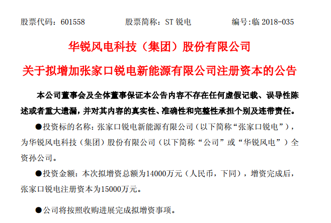                        華銳風(fēng)電科技（集團(tuán)）股份有限公司關(guān)于擬增加張家口銳電新能源有限公司注冊資本的公告 本公司董事會(huì)及全體董事保證本公告內(nèi)容不存在任何虛假記載、誤導(dǎo)性陳述或者重大遺漏，并對(duì)其內(nèi)容的真實(shí)性、準(zhǔn)確性和完整性承擔(dān)個(gè)別及連帶責(zé)任。 ●投資標(biāo)的名稱：張家口銳電新能源有限公司（以下簡稱“張家口銳電”），為華銳風(fēng)電科技（集團(tuán)）股份有限公司（以下簡稱“公司”或“華銳風(fēng)電”）全資孫公司