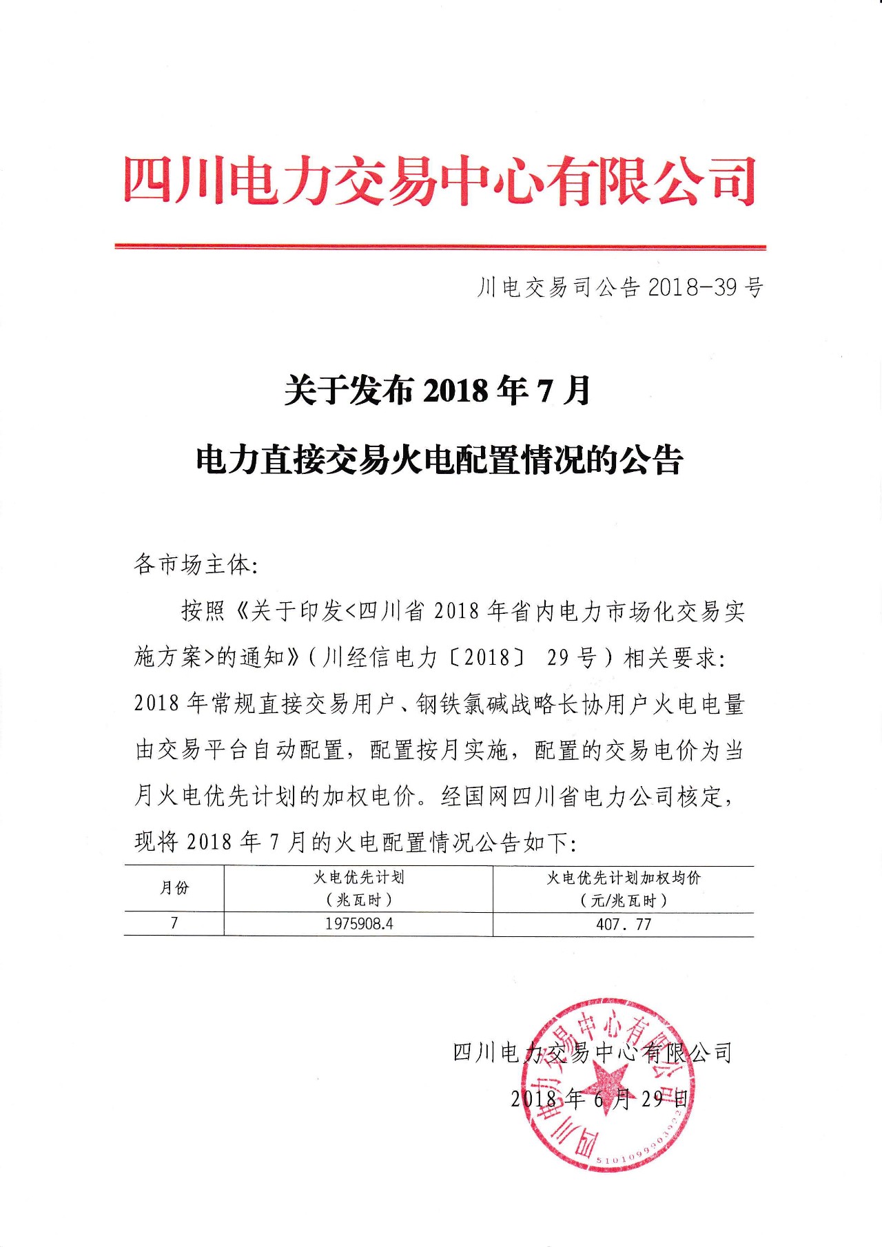 　　四川電力交易中心日前發(fā)布了《關(guān)于發(fā)布2018年7月電力直接交易火電配置情況的公告》，6月29日按照《關(guān)于印發(fā)<四川省2018年省內(nèi)電力市場化交易實施方案>的通知》(川經(jīng)信電力〔2018〕29號)相關(guān)要求，經(jīng)國網(wǎng)四川省電力公司核定，現(xiàn)將2018年7月的火電配置情況公告如下。　　詳情如下： 