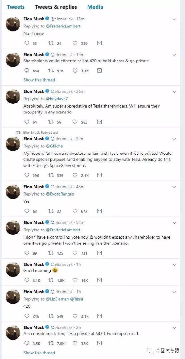 
	在一眾新興造車企業(yè)將上市融資視為成功的不二法門時(shí)，埃隆?馬斯克卻違反“常識(shí)”，希望特斯拉“退市”。





	美國當(dāng)?shù)貢r(shí)間7日上午，特斯拉CEO埃隆?馬斯克在社交平臺(tái)Twitter上發(fā)布公開信，稱其打算以每股420美元的價(jià)格從公開市場回購特斯拉股權(quán)，將公司私有化，但最終能否實(shí)現(xiàn)還需股東投票決定