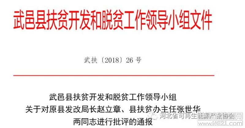 日前，河北省衡水市政府公開發(fā)布了《關于對武邑縣36個光伏產業(yè)項目整改報告》，文件如下：


各鄉(xiāng)鎮(zhèn)、縣直各單位：

2017年度國家和省脫貧攻堅工作成效考核反饋問題意見中，對武邑縣36個村級光伏產業(yè)項目招投標環(huán)節(jié)流于形式問題進行重點通報。武邑縣委、縣政府對此問題的整改落實高度重視，召開專題書記辦公會，成立整改工作小組，制定問題整改工作方案，迅速展開調查，并對照國家要求認真落實整改