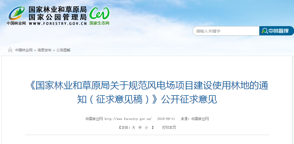                        《國家林業(yè)和草原局關(guān)于規(guī)范風(fēng)電場項(xiàng)目建設(shè)使用林地的通知（征求意見稿）》公開征求意見 為規(guī)范風(fēng)電場項(xiàng)目建設(shè)使用林地，國家林業(yè)和草原局在組織調(diào)研和專家咨詢的基礎(chǔ)上，起草了《關(guān)于規(guī)范風(fēng)電場項(xiàng)目建設(shè)使用林地的通知》（以下簡稱《通知》），擬以規(guī)范性文件下發(fā)施行。目前已征求了林業(yè)系統(tǒng)內(nèi)有關(guān)單位意見，并進(jìn)行了修改完善