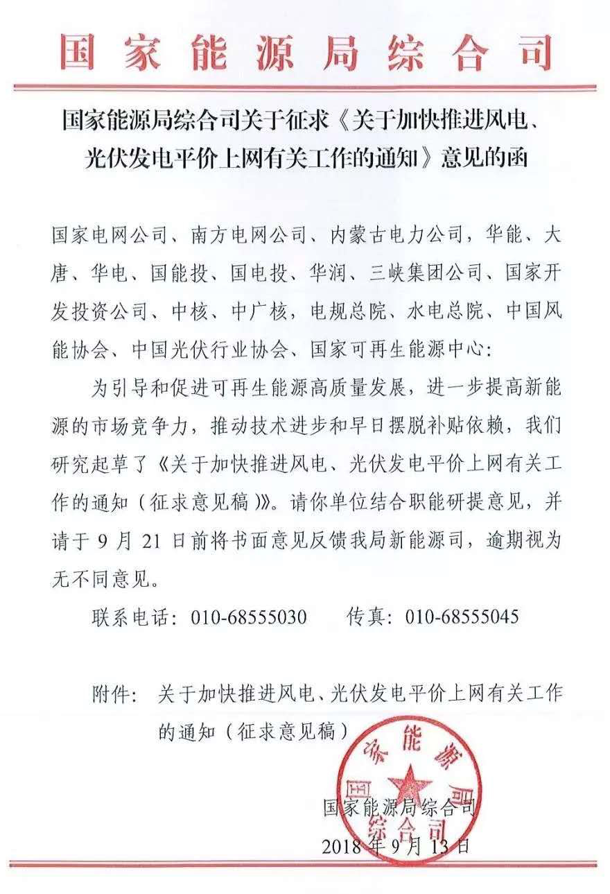                        9月13日，國家能源局下發(fā)了《關(guān)于加快推進(jìn)風(fēng)電、光伏發(fā)電平價上網(wǎng)有關(guān)工作的通知（征求意見稿）》（以下簡稱“通知”）。 通知指出，風(fēng)電、光伏發(fā)電監(jiān)測預(yù)警或評價為紅色地區(qū)除已安排建設(shè)的平價上網(wǎng)示范項目外，不再專門安排新的平價上網(wǎng)項目；橙色地區(qū)鼓勵選取資源條件較好的已核準(zhǔn)（備案）項目開展平價上網(wǎng)工作；綠色地區(qū)在落實消納條件的基礎(chǔ)上自行開展平價上網(wǎng)項目建設(shè)