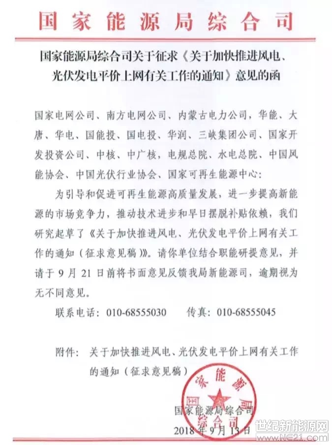  近日，國家能源局印發(fā)了《關(guān)于加快推進風(fēng)電、光伏發(fā)電平價上網(wǎng)有關(guān)工作的通知(征求意見稿)》，通知指出，隨著風(fēng)電、光伏發(fā)電規(guī)?；l(fā)展和快速技術(shù)進步，在資源優(yōu)良、建設(shè)成本低、市場條件好的地區(qū)，已基本具備與達到清潔排放水平煤電同價甚至不需要補貼的條件。

各地區(qū)在符合有關(guān)監(jiān)測預(yù)警管理要求的前提下，自行組織實施開展平價上網(wǎng)和無補貼光伏、風(fēng)電項目建設(shè)