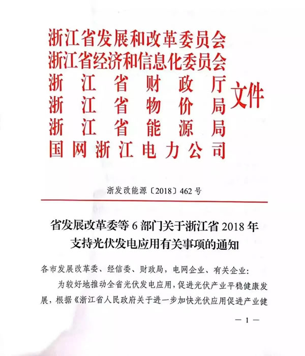                                         
	　　9月17日，浙江省發(fā)改委等6部門出臺(tái)《關(guān)于浙江省2018年支持光伏發(fā)電應(yīng)用有關(guān)事項(xiàng)的通知》。

	　　《通知》明確：

	　　1、2018年6月1日-12月31日并網(wǎng)的家庭屋頂光伏，對(duì)2018年的發(fā)電量，“自發(fā)自用，余電上網(wǎng)”模式的分布式光伏發(fā)電項(xiàng)目按照0.32元/千瓦時(shí)補(bǔ)貼；

	　　2、2018年5月31日前備案，2018年6月1日—7月31日并網(wǎng)的工商業(yè)屋頂光伏，按0.1元/千