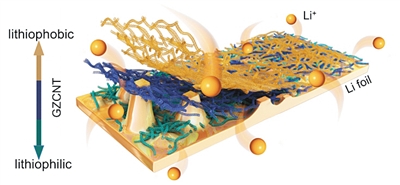
			              
	
多層碳納米管鋰電池電極保護(hù)膜結(jié)構(gòu)示意圖
受訪者供圖
《自然·通訊》近日發(fā)表了軍事科學(xué)院、武漢理工大學(xué)等單位聯(lián)合團(tuán)隊(duì)的研究成果，他們合成了一種多層碳納米管薄膜，能夠自組裝在金屬鋰負(fù)極表面，截停鋰枝晶。
軍事科學(xué)院副研究員張浩介紹，金屬鋰具有最高的理論比能量，被公認(rèn)是最具前景的下一代高能量電池負(fù)極材料，之所以難以應(yīng)用，是因?yàn)榻饘黉囋谘h(huán)充放電下產(chǎn)生鋰枝晶刺穿電池