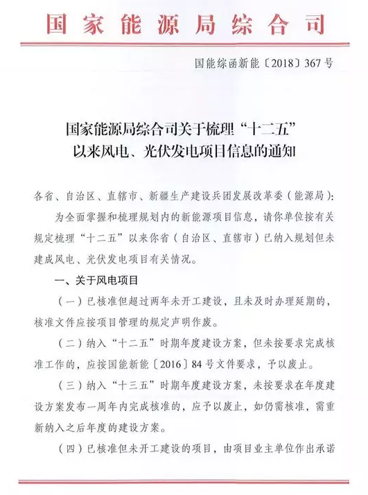                        2018年9月19日，國家能源局綜合司發(fā)布關于梳理“十二五”以來風電、光伏發(fā)電項目信息的通知。 通知要求：對不滿足要求的風電項目應及時予以廢止，已核準未開工項目業(yè)主需承諾開工建設的時間節(jié)點；光伏、風電項目需明確是否需要申請國家可再生能源補貼