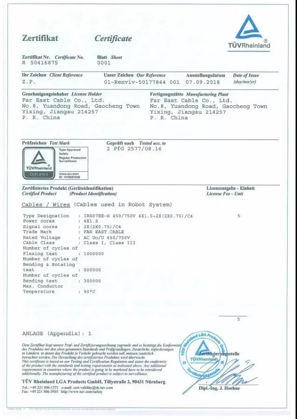 
	
                    
	9月21日，全球領(lǐng)先的第三方檢驗(yàn)、檢測(cè)和認(rèn)證機(jī)構(gòu)德國(guó)萊茵TÜV集團(tuán)（以下簡(jiǎn)稱“TÜV萊茵”）在上海國(guó)家會(huì)展中心工博會(huì)現(xiàn)場(chǎng)為遠(yuǎn)東智慧能源股份有限公司（簡(jiǎn)稱：智慧能源 股票代碼：600869）全資子公司遠(yuǎn)東電纜有限公司頒發(fā)一、三類機(jī)器人電纜TÜV萊茵證書，目前遠(yuǎn)東電纜有限公司是全國(guó)首批獲得該證書的企業(yè)。投資人、遠(yuǎn)東電纜產(chǎn)業(yè)高級(jí)總監(jiān)兼遠(yuǎn)東電纜總經(jīng)理助理李林代表遠(yuǎn)東接收TÜV萊茵頒發(fā)的證書