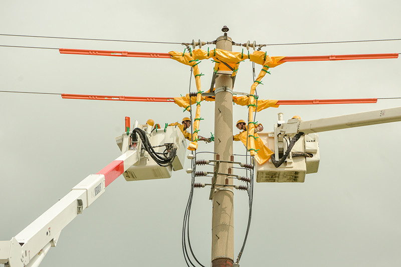 
　　工作人員正在做導(dǎo)線的絕緣遮蔽工作（何華文攝）

　　本網(wǎng)訊 “10kV高旺線八寶塘314開關(guān)帶電作業(yè)工前準(zhǔn)備已完成，現(xiàn)申請開始帶電作業(yè)。”9月27日，廣西電網(wǎng)梧州供電局帶電作業(yè)班操作人員在廣西電網(wǎng)公司帶電作業(yè)中心陳智勇專家的指導(dǎo)下，順利完成了雙車旁路帶電搭接負(fù)荷引流線作業(yè)