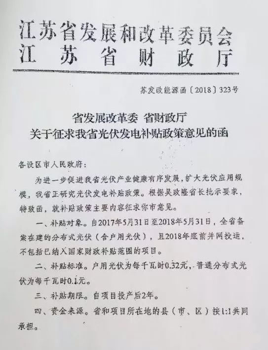                                         
	　　正在我們?yōu)槿课耐ㄖ獨g呼的時候，差點會漏掉一條重要的新聞，那就是江蘇省發(fā)改委和江蘇財政廳聯(lián)合出臺的《關(guān)于征求我省光伏發(fā)電補貼意見函》。征求意見函主要內(nèi)容如下：

	　　一、補貼對象