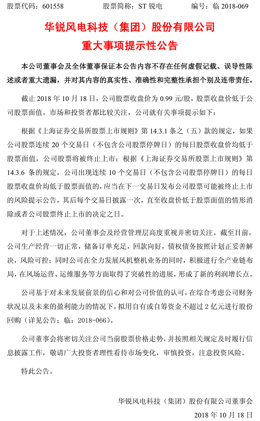                        華銳風(fēng)電今日發(fā)布重大事項(xiàng)提示性公告：截止2018年10月18日，公司股票收盤價(jià)為0.99元/股，股票收盤價(jià)低于公司股票面值。截至目前，公司生產(chǎn)經(jīng)營一切正常，儲(chǔ)備訂單充足，回款向好，債權(quán)債務(wù)按照計(jì)劃正妥善解決，風(fēng)險(xiǎn)可控；同時(shí)公司在全力發(fā)展風(fēng)機(jī)整機(jī)業(yè)務(wù)的同時(shí)，積極進(jìn)行全產(chǎn)業(yè)鏈布局，在風(fēng)場運(yùn)營、運(yùn)維服務(wù)等方面取得了突破性的進(jìn)展，形成了新的利潤增長點(diǎn)